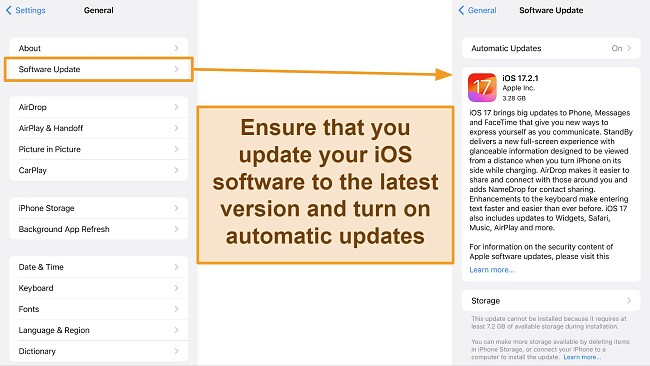 Screenshot of iOS update option