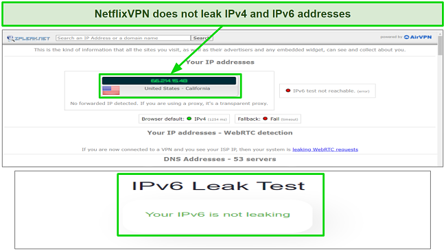 Screenshot of IPv4 and IPv6 leak tests