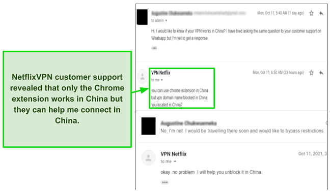 Screenshot of conversation with NetflixVPN customer support about the availability in China