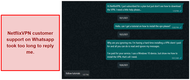 Screenshot of chat with NetflixVPN customer support on WhatsApp