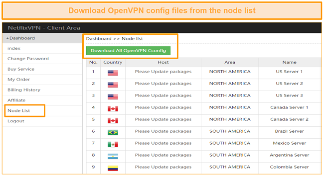 Screenshot of NetflixVPN's node list.