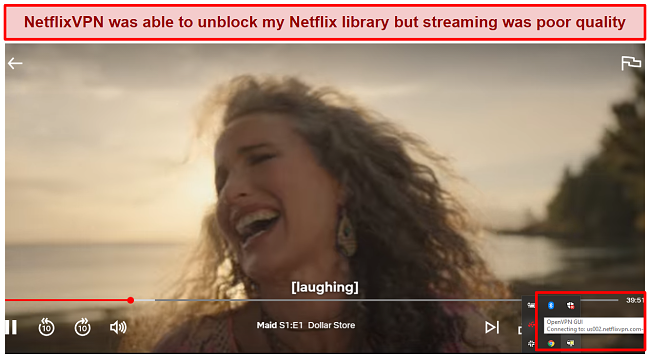 Screenshot of streaming unblocked Netflix with NetflixVPN server.