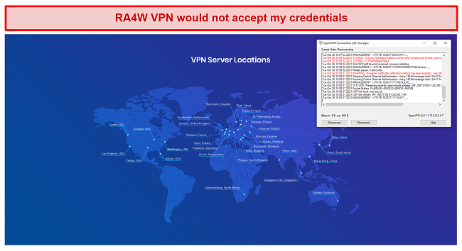 Screenshot of a failed login attempt for RA4W VPN with the server coverage image in the background