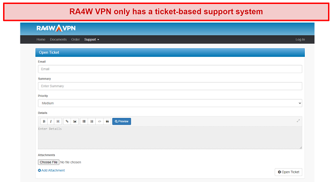 A screenshot of RA4W VPN's support ticket system