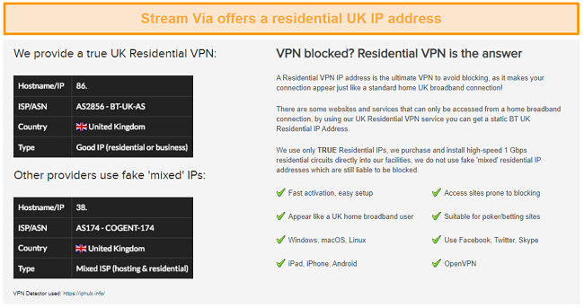 Screenshot of details regarding Stream Via's residential IP connectivity features
