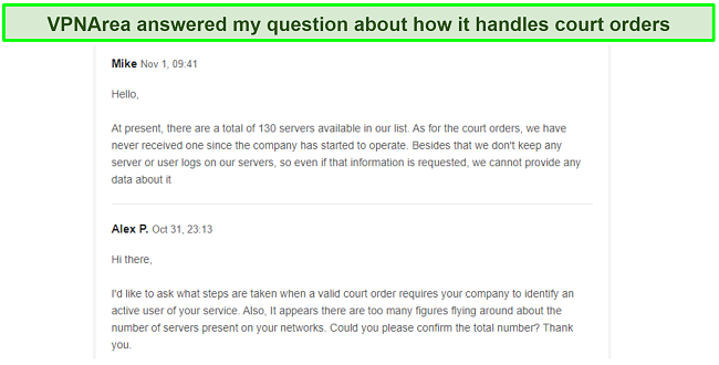 screenshot of VPNArea's support team responding to my question about court orders