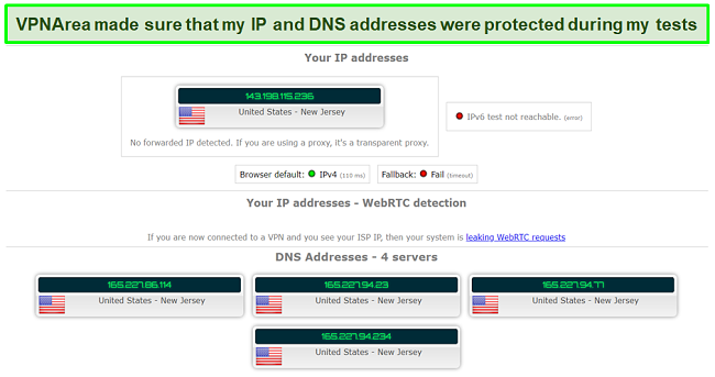 Screenshot of leak test results while using VPNArea