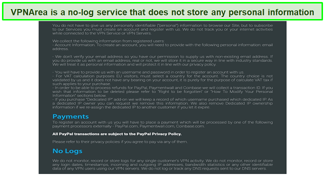 Screenshot of what VPNArea's privacy policy says about data collection