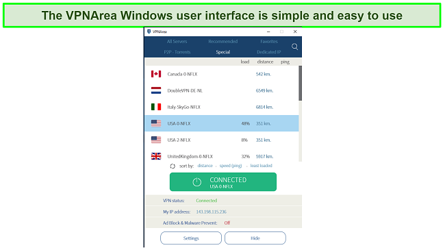 A screenshot of VPNArea's interface