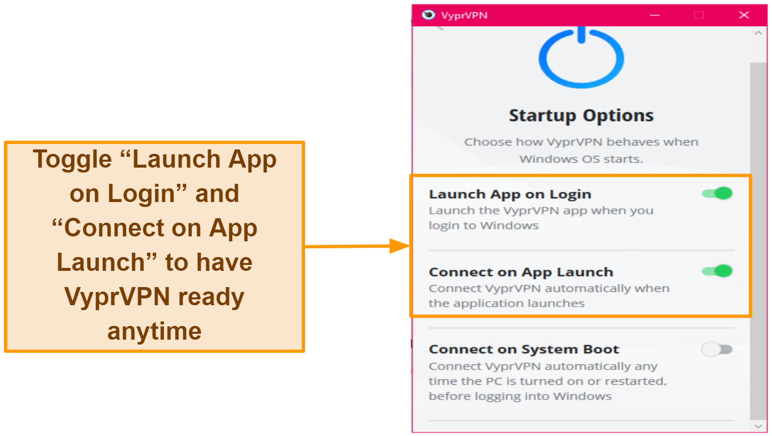 Image indicating how to launch and connect app on login
