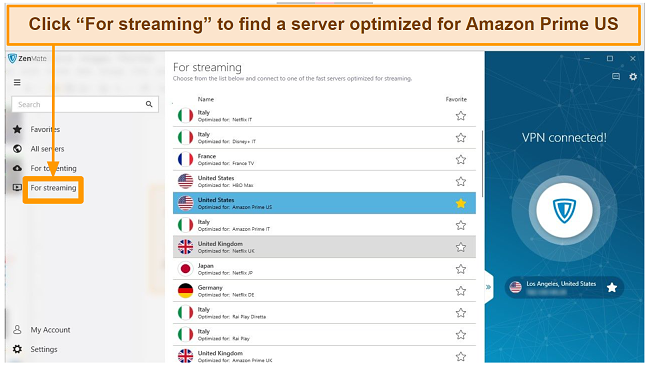 Image showing where to click to find a ZenmateVPN server optimized for Amazon Prime US