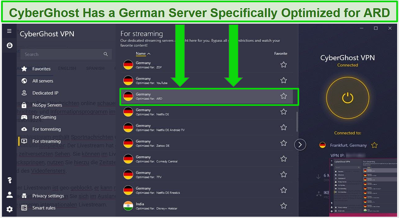 Graphic with arrows indicating CyberGhost's optimized server for ARD under the 