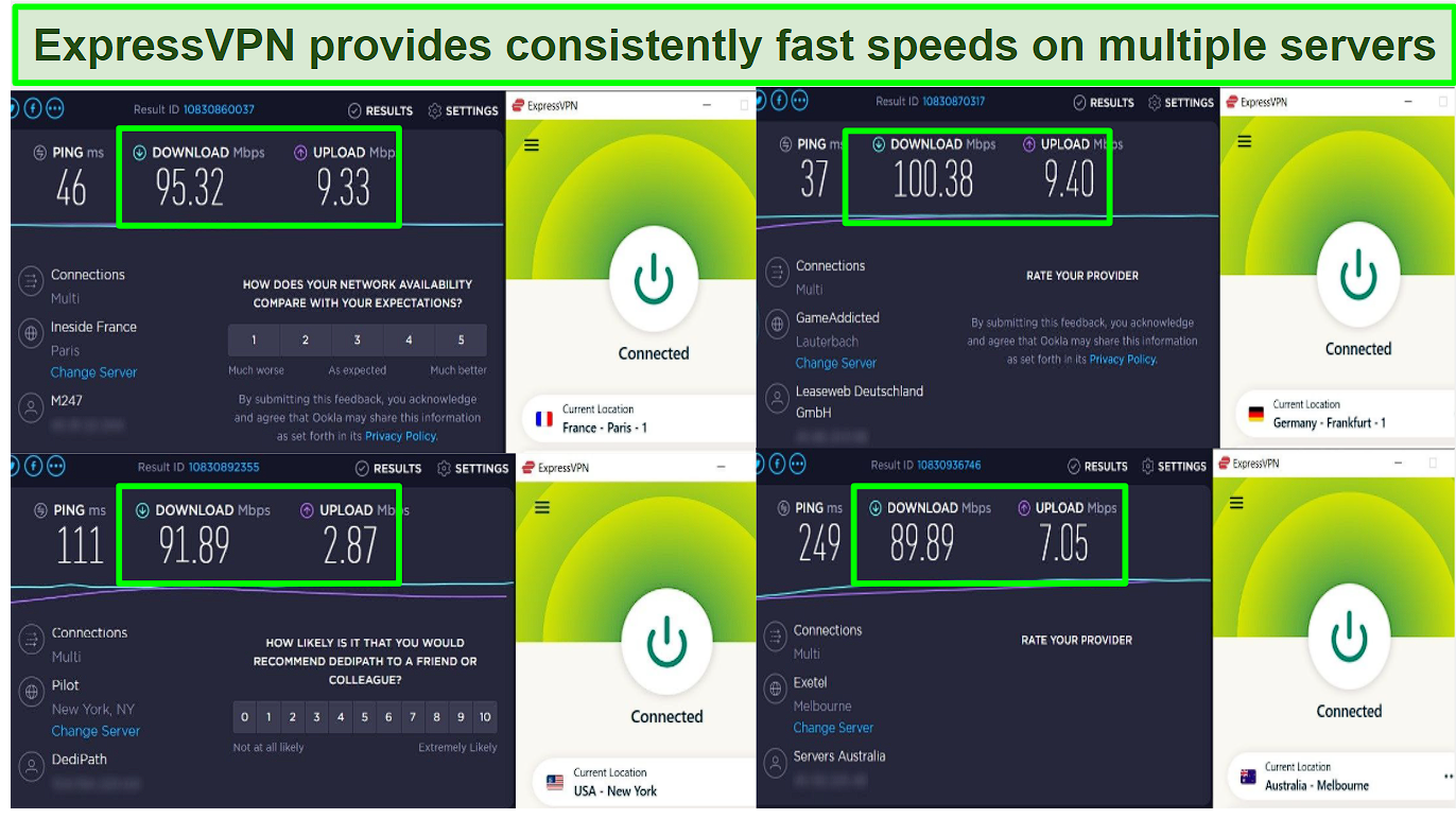 Screenshot of ExpressVPN speed test results showing speeds over 89Mbps in Germany, France, Australia, and the US