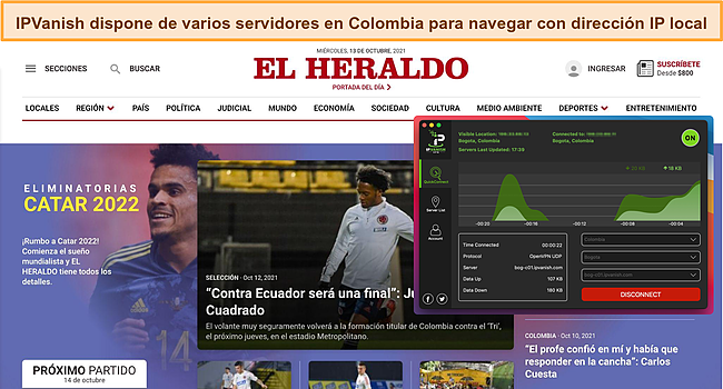 Captura de pantalla de IPVanish conectado a un servidor colombiano y desbloqueando el sitio de noticias El Heraldo.