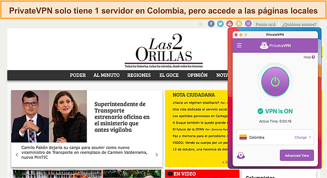 Captura de pantalla de PrivateVPN desbloqueando el sitio de noticias Las 2 Orillas.