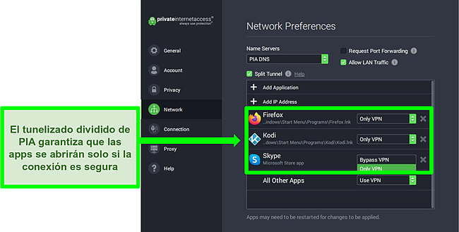 Captura de pantalla de la pantalla Configuración de red de PIA con filtros de túnel divididos activados.