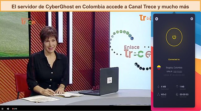 Captura de pantalla de CyberGhost desbloqueando Canal Trece.