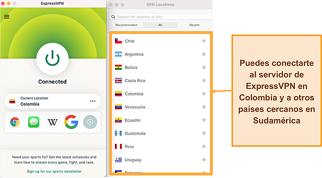 Captura de pantalla de la aplicación ExpressVPN que muestra la lista de servidores de Sudamérica.