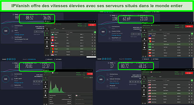 Capture d'écran de 4 tests de vitesse en étant connecté à divers serveurs IPVanish.