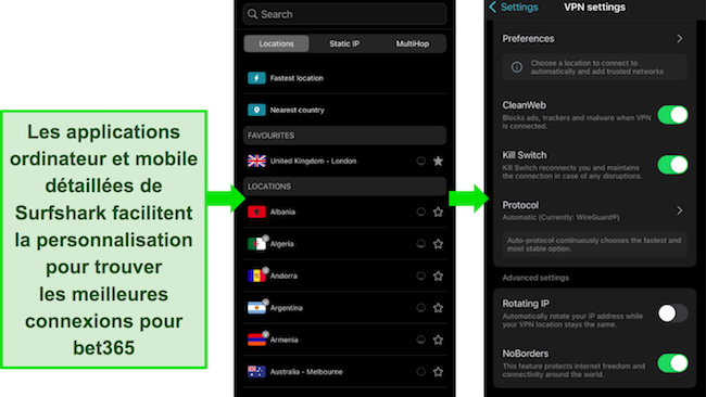 Images de l'application iOS de Surfshark, montrant les menus détaillés du serveur et des paramètres.