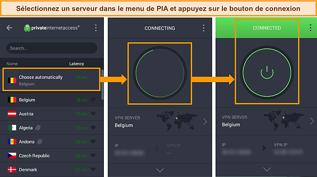 Captures d'écran de l'application PIA Windows avec des instructions pour se connecter à un serveur.