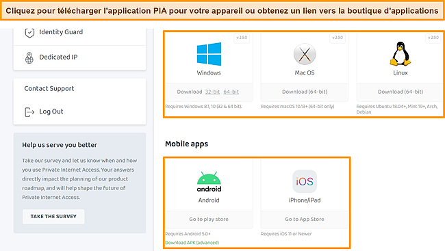 Capture d'écran du panneau de configuration du client PIA avec les téléchargements d'applications disponibles en surbrillance.