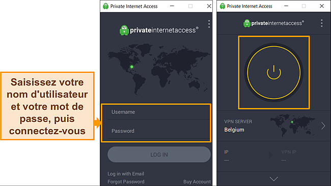 Capture d'écran de l'application Windows de PIA sur l'écran de connexion, avec le nom d'utilisateur et le mot de passe en surbrillance.