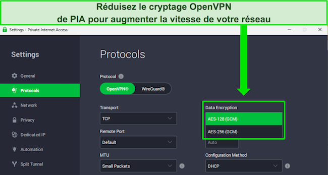 Image de l'application Windows de PIA, montrant comment personnaliser les niveaux de cryptage avec le protocole OpenVPN.