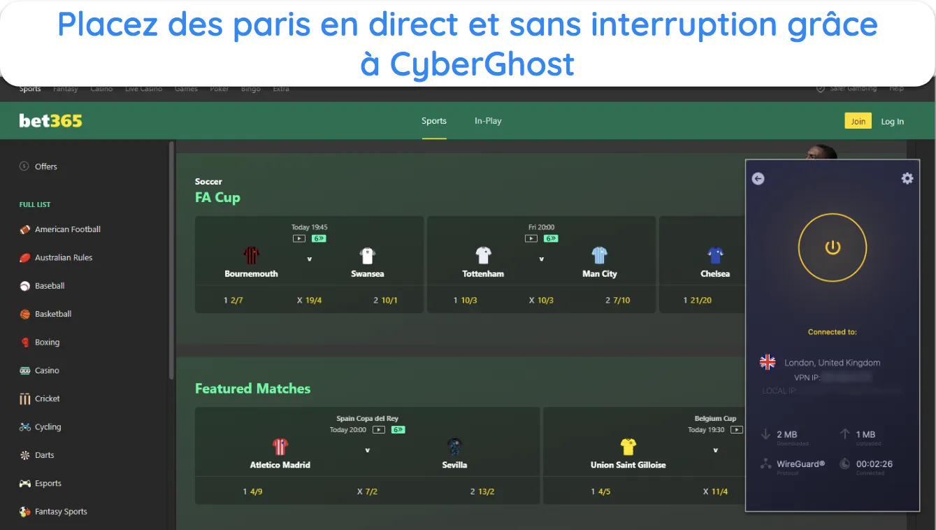 Capture d'écran du site Web de bet365 avec CyberGhost connecté à un serveur au Royaume-Uni.