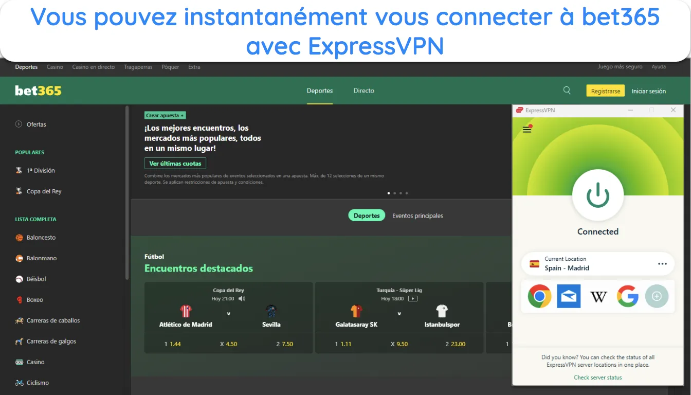 Capture d'écran du site Web de bet365 avec ExpressVPN connecté à un serveur en Espagne.