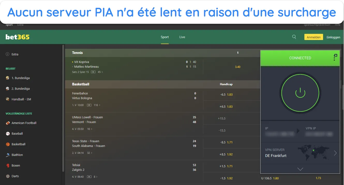 Capture d'écran du site Web de bet365 avec PIA connecté à un serveur en Allemagne.