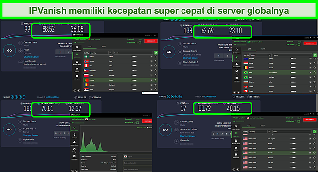 Cuplikan layar 4 tes kecepatan saat terhubung ke berbagai server IPVanish.