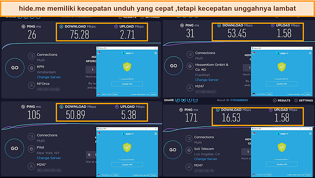 Tangkapan layar hasil tes kecepatan hide.me dari Belanda, Jerman, dan Amerika Serikat.