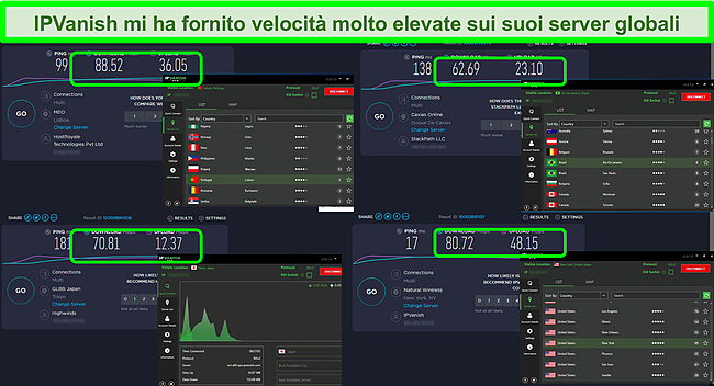 Screenshot di 4 test di velocità durante la connessione a vari server IPVanish.