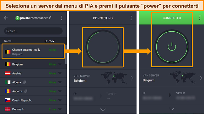Screenshot dell'app Windows PIA con le istruzioni per la connessione a un server.