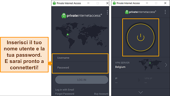 Screenshot dell'app Windows di PIA nella schermata di accesso, con nome utente e password evidenziati.
