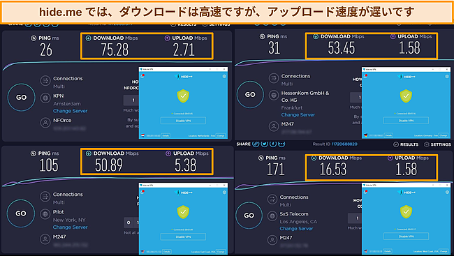 オランダ、ドイツ、および米国からのhide.meの速度テスト結果のスクリーンショット。