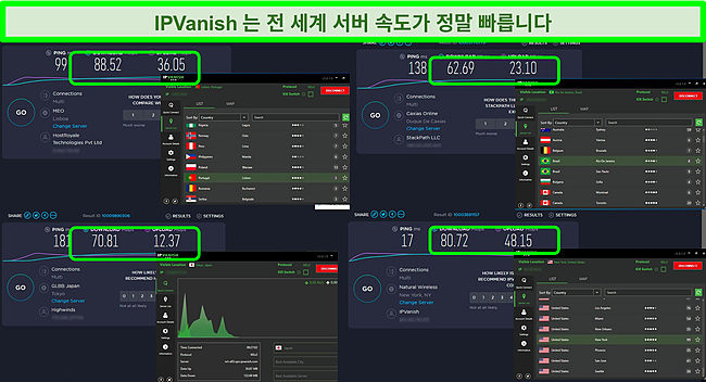 다양한 IPVanish 서버에 연결된 상태의 4가지 속도 테스트 스크린샷.