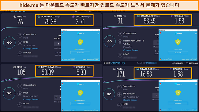 네덜란드, 독일, 미국의 hide.me 속도 테스트 결과 스크린샷.