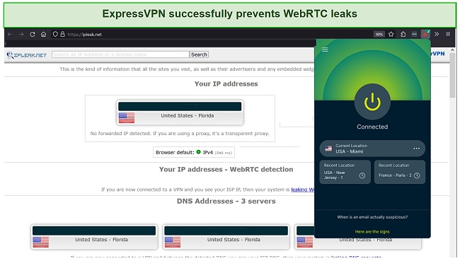 The results of a WebRTC leak test for ExpressVPN