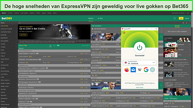 Screenshot van ExpressVPN verbonden met een Britse server en werkend met Bet365.