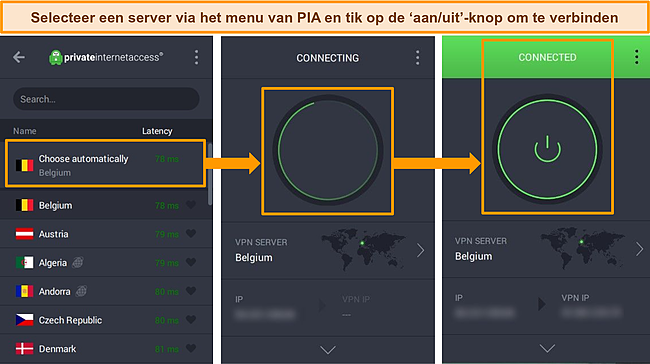 Screenshots van de PIA Windows app met instructies om verbinding te maken met een server.