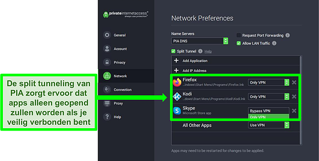 Screenshot van PIA's netwerkinstellingenscherm met gesplitste tunnelingfilters geactiveerd.