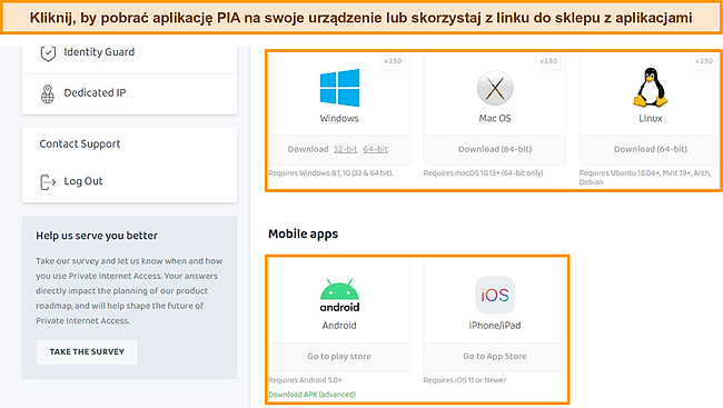 Zrzut ekranu Panelu sterowania klienta PIA z zaznaczonymi dostępnymi aplikacjami do pobrania.