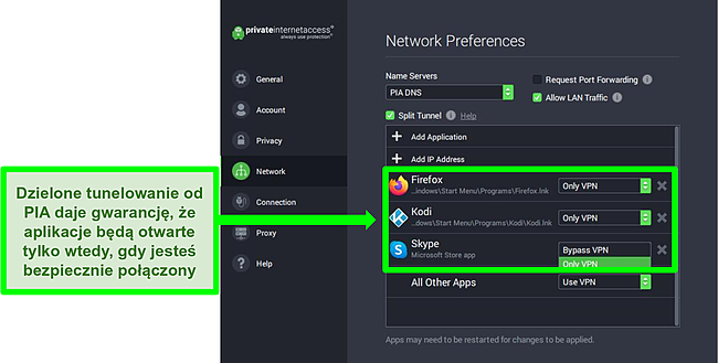 Zrzut ekranu ekranu ustawień sieciowych PIA z włączonymi filtrami dzielonego tunelowania.