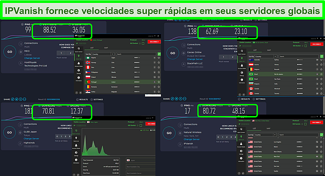 Captura de tela de 4 testes de velocidade enquanto conectado a vários servidores IPVanish.