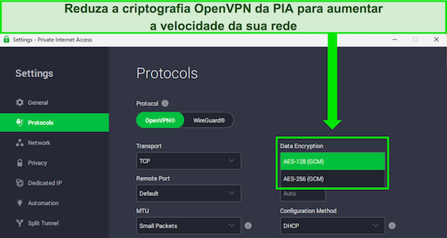 Imagem do aplicativo da PIA para Windows mostrando como personalizar os níveis de criptografia com o protocolo OpenVPN.