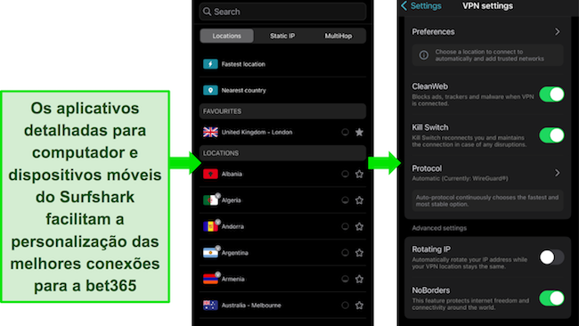 Imagens do aplicativo iOS do Surfshark, mostrando o servidor detalhado e os menus de configurações.