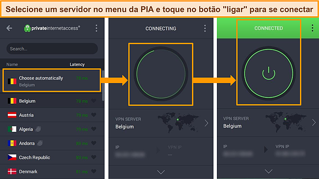 Capturas de tela do aplicativo PIA do Windows com instru&ccedil;&otilde;es para se conectar a um servidor.