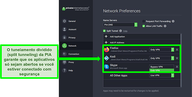 Captura de tela da tela de configurações de rede do PIA com filtros de túnel dividido ativados.